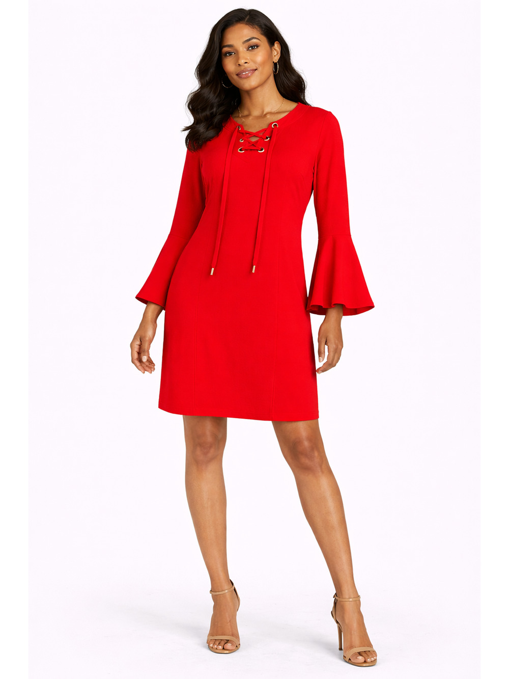 Trina Turk Bell Sleeve Shift Mini Dress Grommet Lace Up Neck Size 12 Red